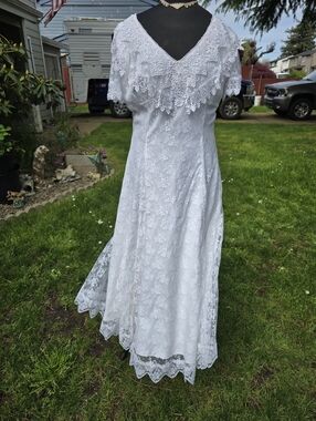 Vtg 70s 80s Edwardian Victorian Prairie White Lace V Neck Bridal Wedding Dress